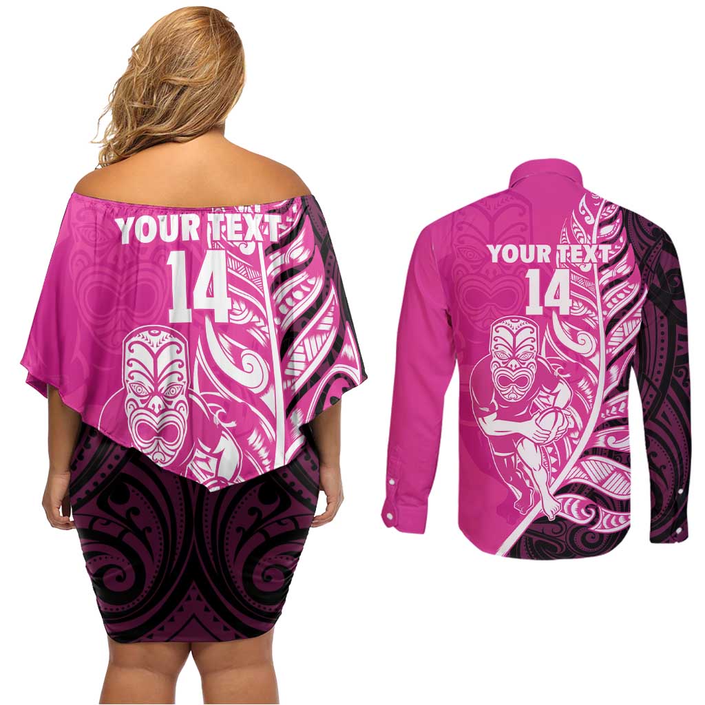 New Zealand Silver Fern Rugby Custom Couples Matching Off Shoulder Short Dress and Long Sleeve Button Shirt All Black Maori Pattern Pink LT14 - Polynesian Pride