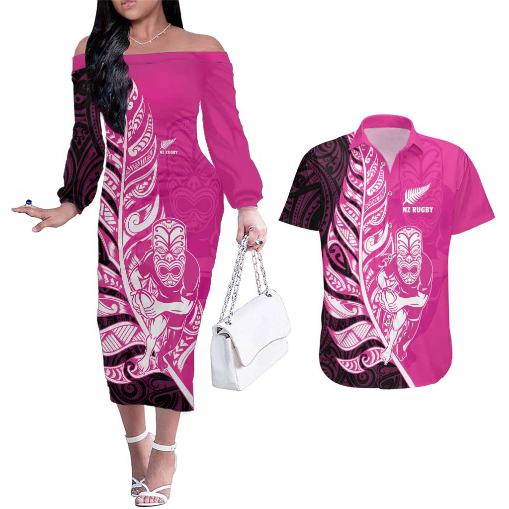 New Zealand Silver Fern Rugby Custom Couples Matching Off The Shoulder Long Sleeve Dress and Hawaiian Shirt All Black Maori Pattern Pink LT14 Pink - Polynesian Pride