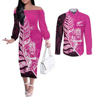New Zealand Silver Fern Rugby Custom Couples Matching Off The Shoulder Long Sleeve Dress and Long Sleeve Button Shirt All Black Maori Pattern Pink - Polynesian Pride