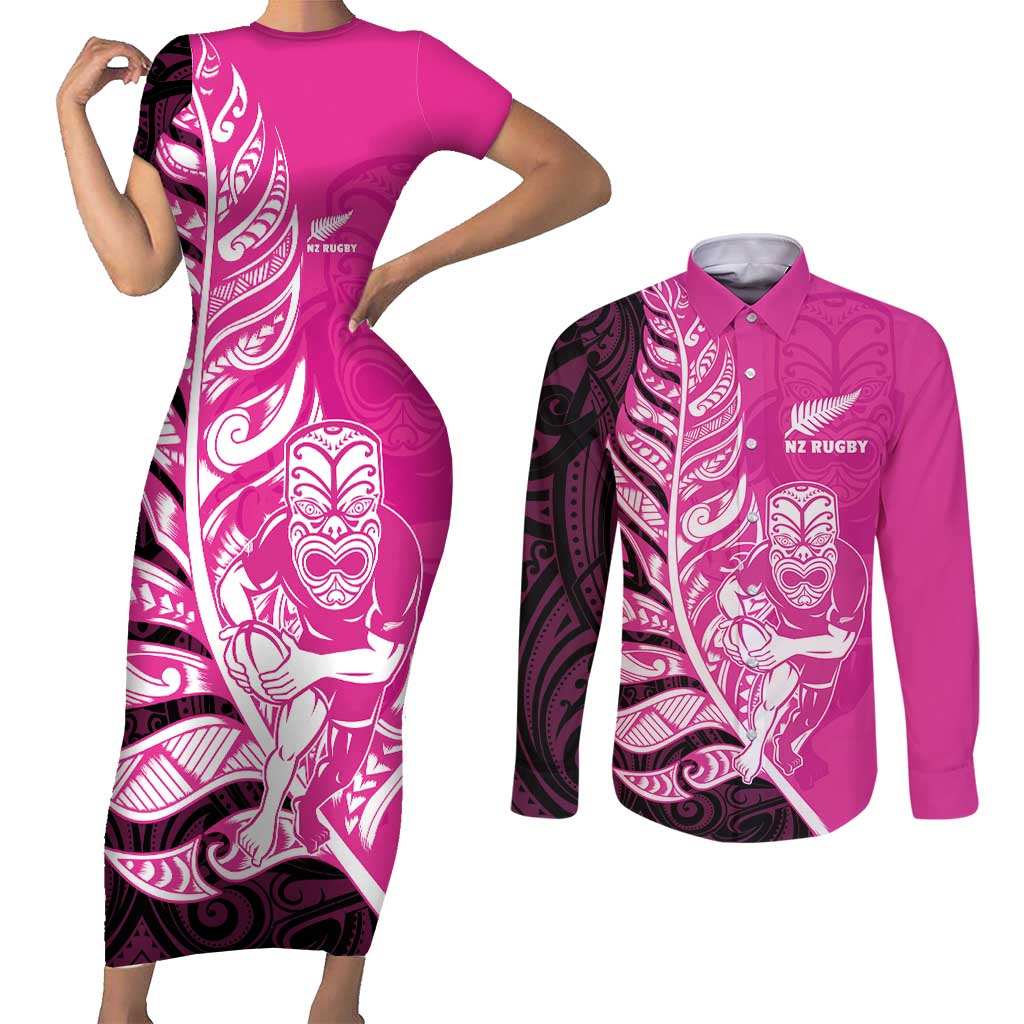 New Zealand Silver Fern Rugby Custom Couples Matching Short Sleeve Bodycon Dress and Long Sleeve Button Shirt All Black Maori Pattern Pink - Polynesian Pride