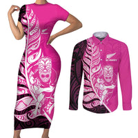 New Zealand Silver Fern Rugby Custom Couples Matching Short Sleeve Bodycon Dress and Long Sleeve Button Shirt All Black Maori Pattern Pink - Polynesian Pride
