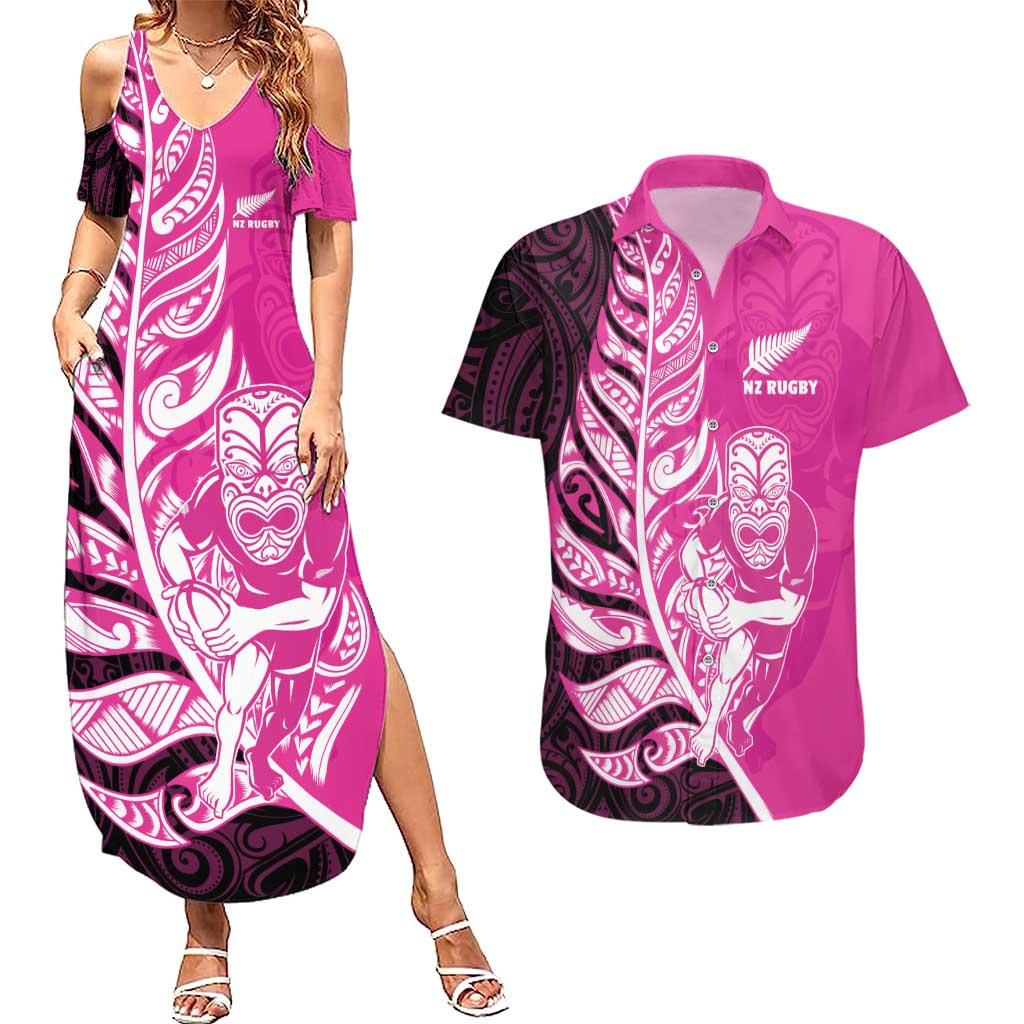 New Zealand Silver Fern Rugby Custom Couples Matching Summer Maxi Dress and Hawaiian Shirt All Black Maori Pattern Pink - Polynesian Pride