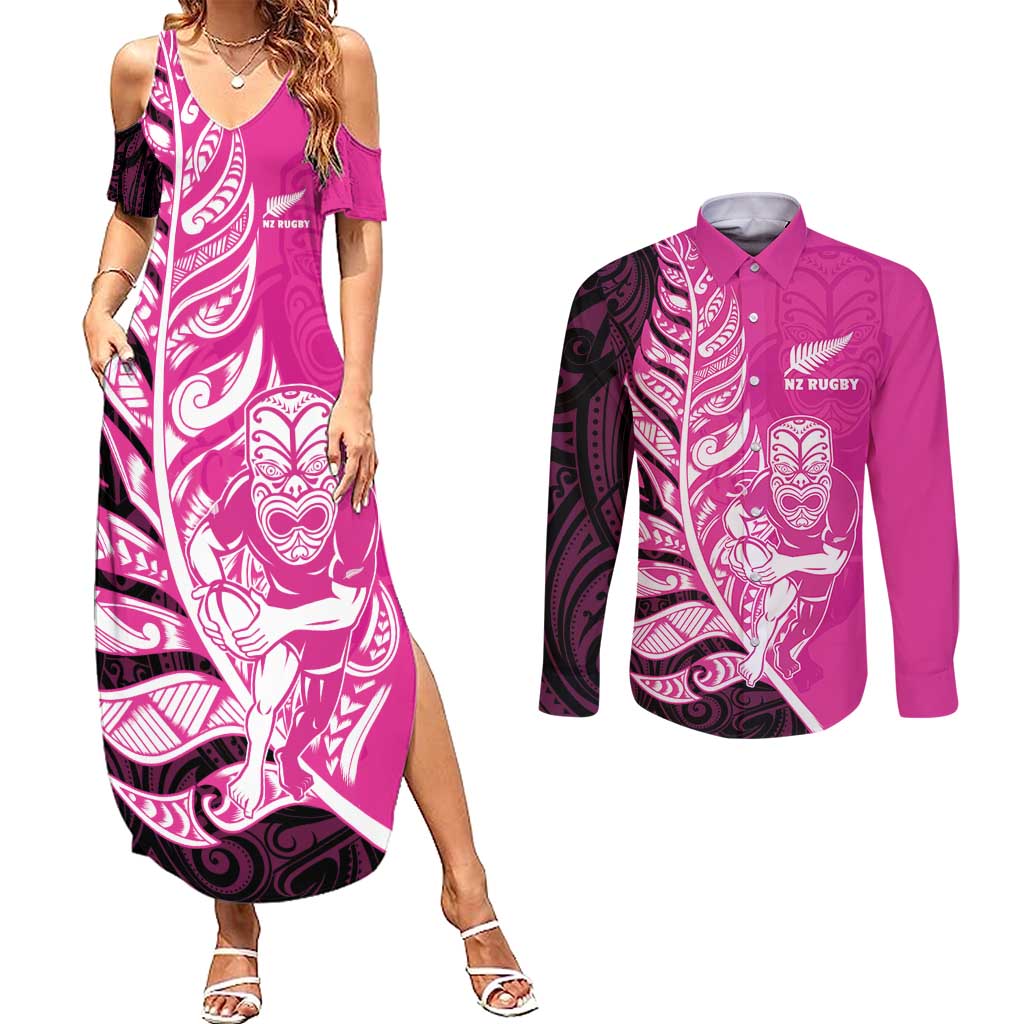 New Zealand Silver Fern Rugby Custom Couples Matching Summer Maxi Dress and Long Sleeve Button Shirt All Black Maori Pattern Pink - Polynesian Pride