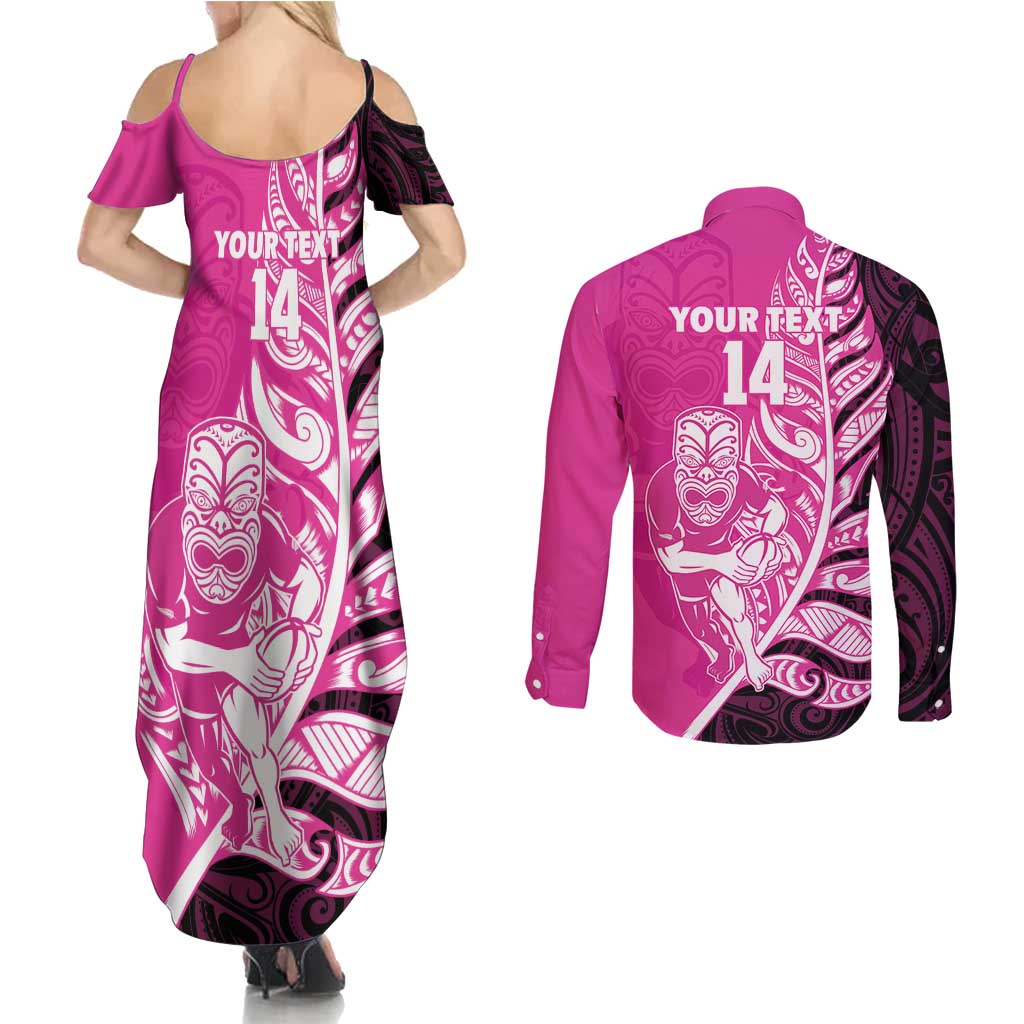New Zealand Silver Fern Rugby Custom Couples Matching Summer Maxi Dress and Long Sleeve Button Shirt All Black Maori Pattern Pink - Polynesian Pride