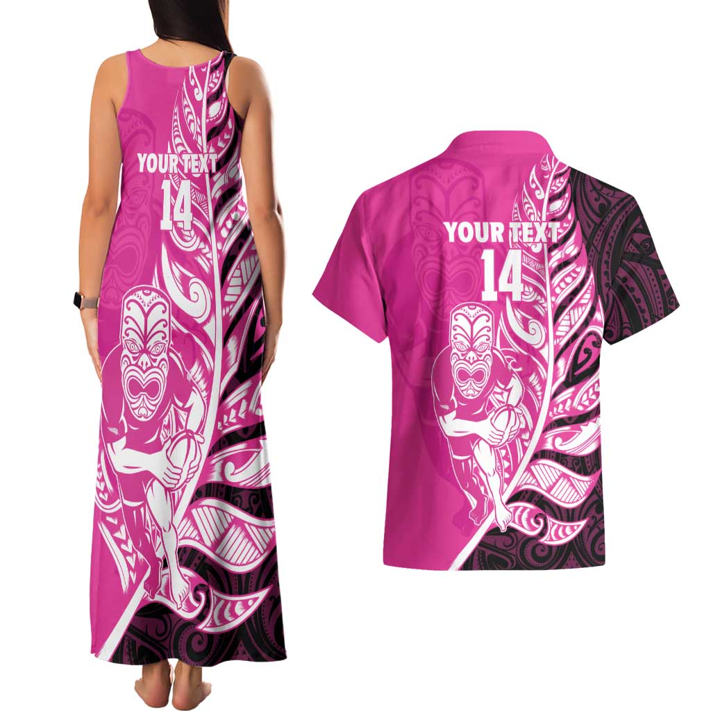 New Zealand Silver Fern Rugby Custom Couples Matching Tank Maxi Dress and Hawaiian Shirt All Black Maori Pattern Pink - Polynesian Pride