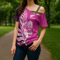 New Zealand Silver Fern Rugby Custom Cross Shoulder Shirt All Black Maori Pattern Pink - Polynesian Pride