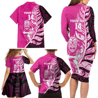 New Zealand Silver Fern Rugby Custom Family Matching Long Sleeve Bodycon Dress and Hawaiian Shirt All Black Maori Pattern Pink LT14 - Polynesian Pride