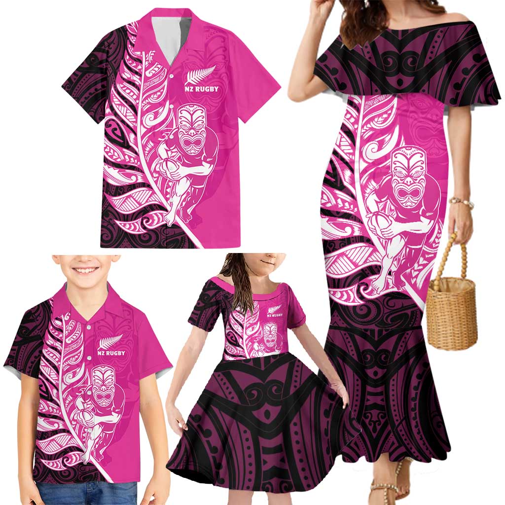 New Zealand Silver Fern Rugby Custom Family Matching Mermaid Dress and Hawaiian Shirt All Black Maori Pattern Pink LT14 - Polynesian Pride