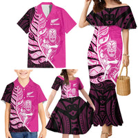 New Zealand Silver Fern Rugby Custom Family Matching Mermaid Dress and Hawaiian Shirt All Black Maori Pattern Pink LT14 - Polynesian Pride