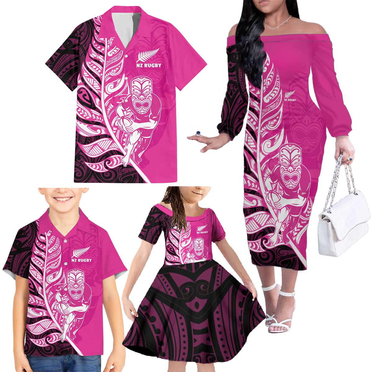 New Zealand Silver Fern Rugby Custom Family Matching Off The Shoulder Long Sleeve Dress and Hawaiian Shirt All Black Maori Pattern Pink LT14 - Polynesian Pride