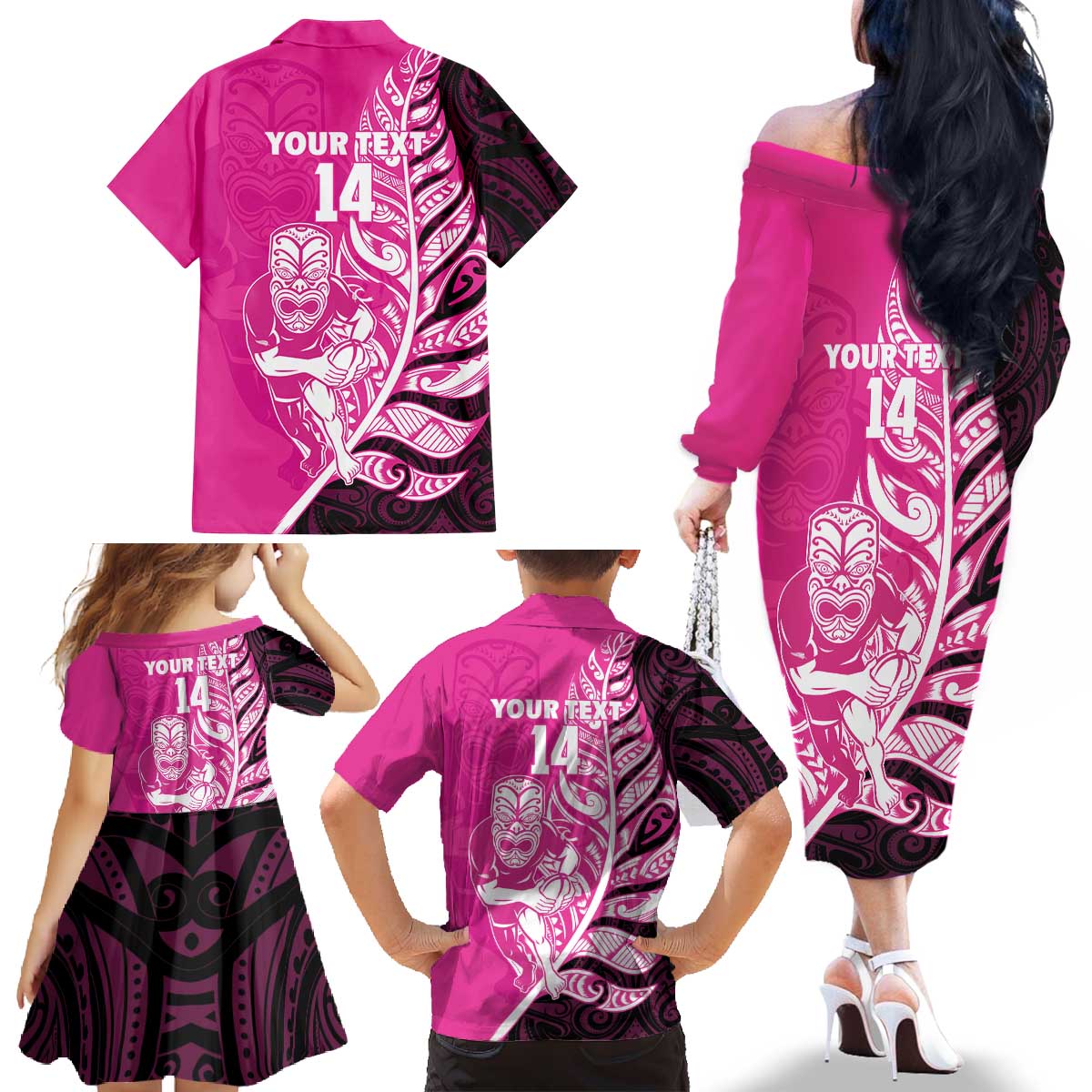 New Zealand Silver Fern Rugby Custom Family Matching Off The Shoulder Long Sleeve Dress and Hawaiian Shirt All Black Maori Pattern Pink LT14 - Polynesian Pride