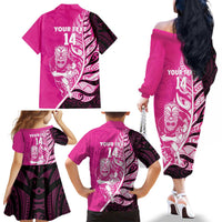 New Zealand Silver Fern Rugby Custom Family Matching Off The Shoulder Long Sleeve Dress and Hawaiian Shirt All Black Maori Pattern Pink LT14 - Polynesian Pride