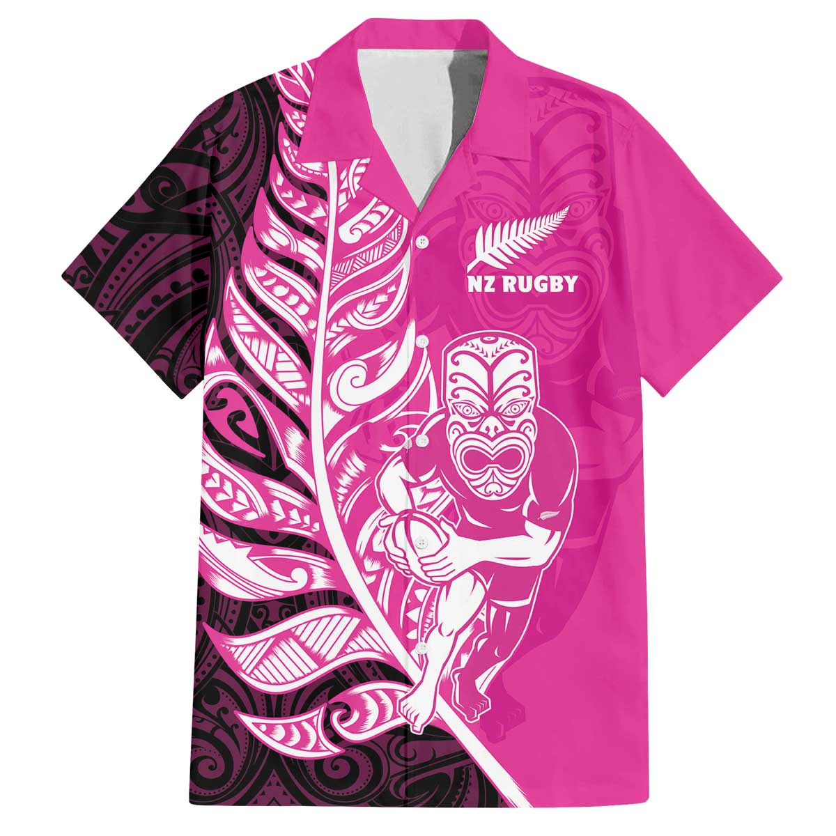 New Zealand Silver Fern Rugby Custom Family Matching Off The Shoulder Long Sleeve Dress and Hawaiian Shirt All Black Maori Pattern Pink LT14 Dad's Shirt - Short Sleeve Pink - Polynesian Pride