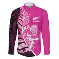 New Zealand Silver Fern Rugby Custom Family Matching Off The Shoulder Long Sleeve Dress and Hawaiian Shirt All Black Maori Pattern Pink LT14 Dad's Shirt - Long Sleeve Pink - Polynesian Pride