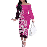 New Zealand Silver Fern Rugby Custom Family Matching Off The Shoulder Long Sleeve Dress and Hawaiian Shirt All Black Maori Pattern Pink LT14 Mom's Dress Pink - Polynesian Pride