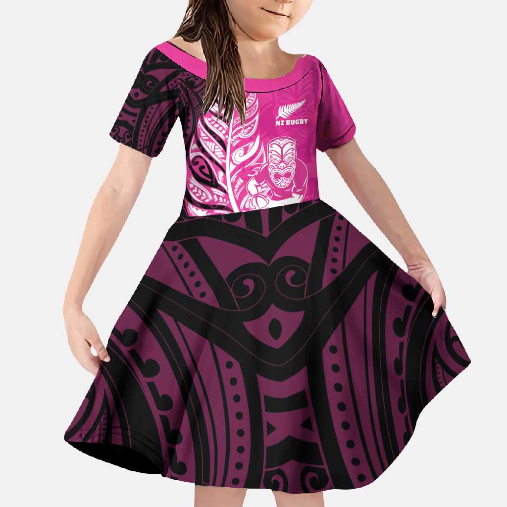 New Zealand Silver Fern Rugby Custom Family Matching Off Shoulder Maxi Dress and Hawaiian Shirt All Black Maori Pattern Pink LT14 Daughter's Dress Pink - Polynesian Pride