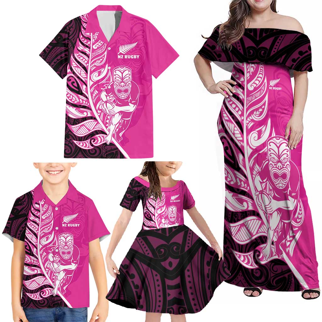 New Zealand Silver Fern Rugby Custom Family Matching Off Shoulder Maxi Dress and Hawaiian Shirt All Black Maori Pattern Pink LT14 - Polynesian Pride