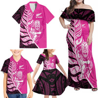 New Zealand Silver Fern Rugby Custom Family Matching Off Shoulder Maxi Dress and Hawaiian Shirt All Black Maori Pattern Pink LT14 - Polynesian Pride