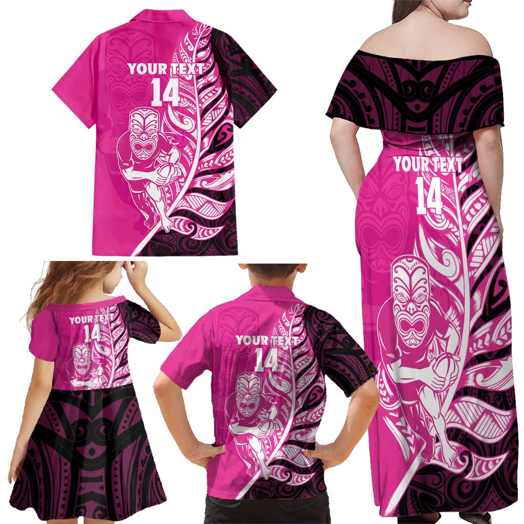 New Zealand Silver Fern Rugby Custom Family Matching Off Shoulder Maxi Dress and Hawaiian Shirt All Black Maori Pattern Pink LT14 - Polynesian Pride