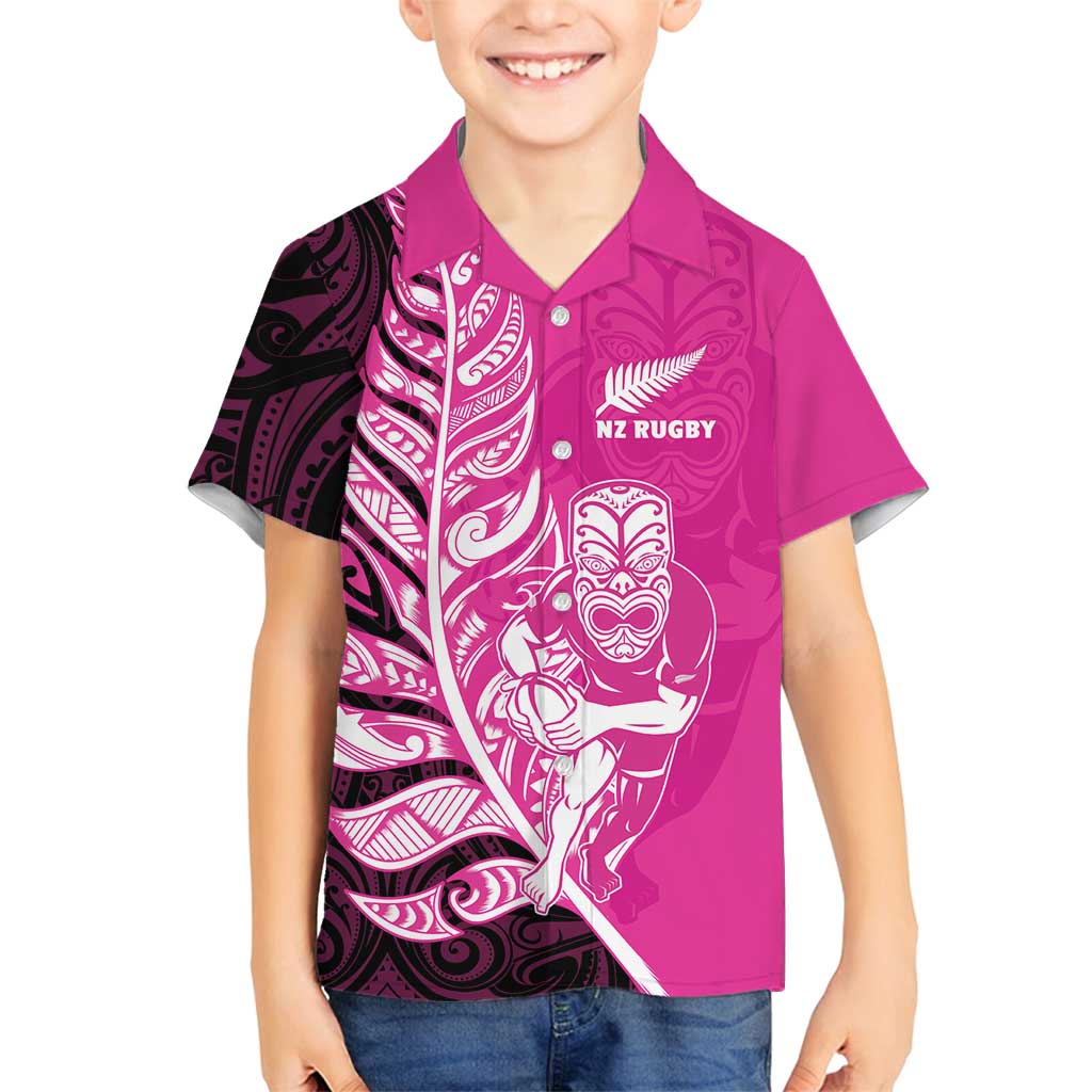 New Zealand Silver Fern Rugby Custom Family Matching Off Shoulder Maxi Dress and Hawaiian Shirt All Black Maori Pattern Pink LT14 Son's Shirt Pink - Polynesian Pride