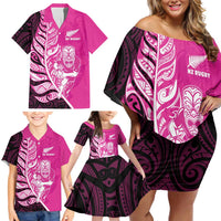 New Zealand Silver Fern Rugby Custom Family Matching Off Shoulder Short Dress and Hawaiian Shirt All Black Maori Pattern Pink LT14 - Polynesian Pride