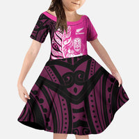 New Zealand Silver Fern Rugby Custom Family Matching Short Sleeve Bodycon Dress and Hawaiian Shirt All Black Maori Pattern Pink LT14 Daughter's Dress Pink - Polynesian Pride
