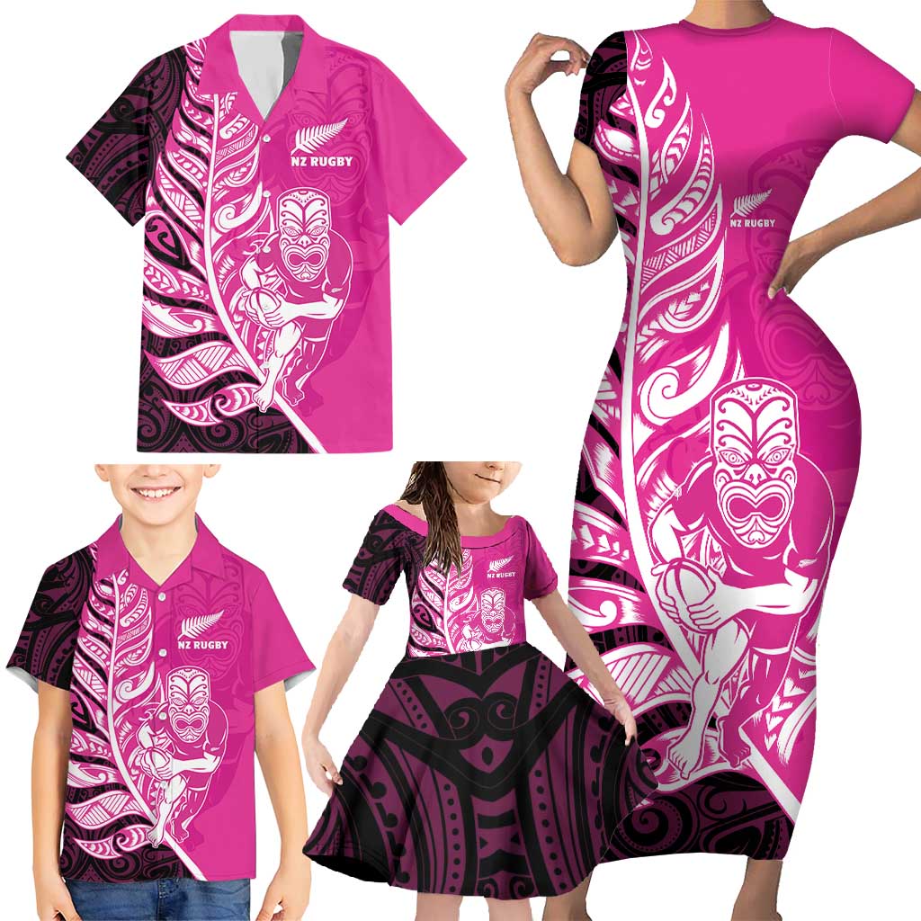 New Zealand Silver Fern Rugby Custom Family Matching Short Sleeve Bodycon Dress and Hawaiian Shirt All Black Maori Pattern Pink LT14 - Polynesian Pride