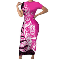 New Zealand Silver Fern Rugby Custom Family Matching Short Sleeve Bodycon Dress and Hawaiian Shirt All Black Maori Pattern Pink LT14 Mom's Dress Pink - Polynesian Pride