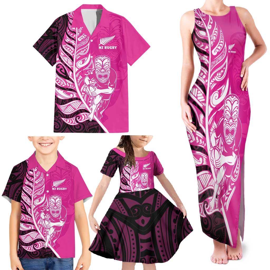 New Zealand Silver Fern Rugby Custom Family Matching Tank Maxi Dress and Hawaiian Shirt All Black Maori Pattern Pink LT14 - Polynesian Pride