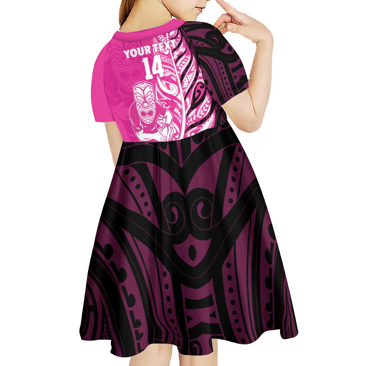 New Zealand Silver Fern Rugby Custom Kid Short Sleeve Dress All Black Maori Pattern Pink LT14 - Polynesian Pride