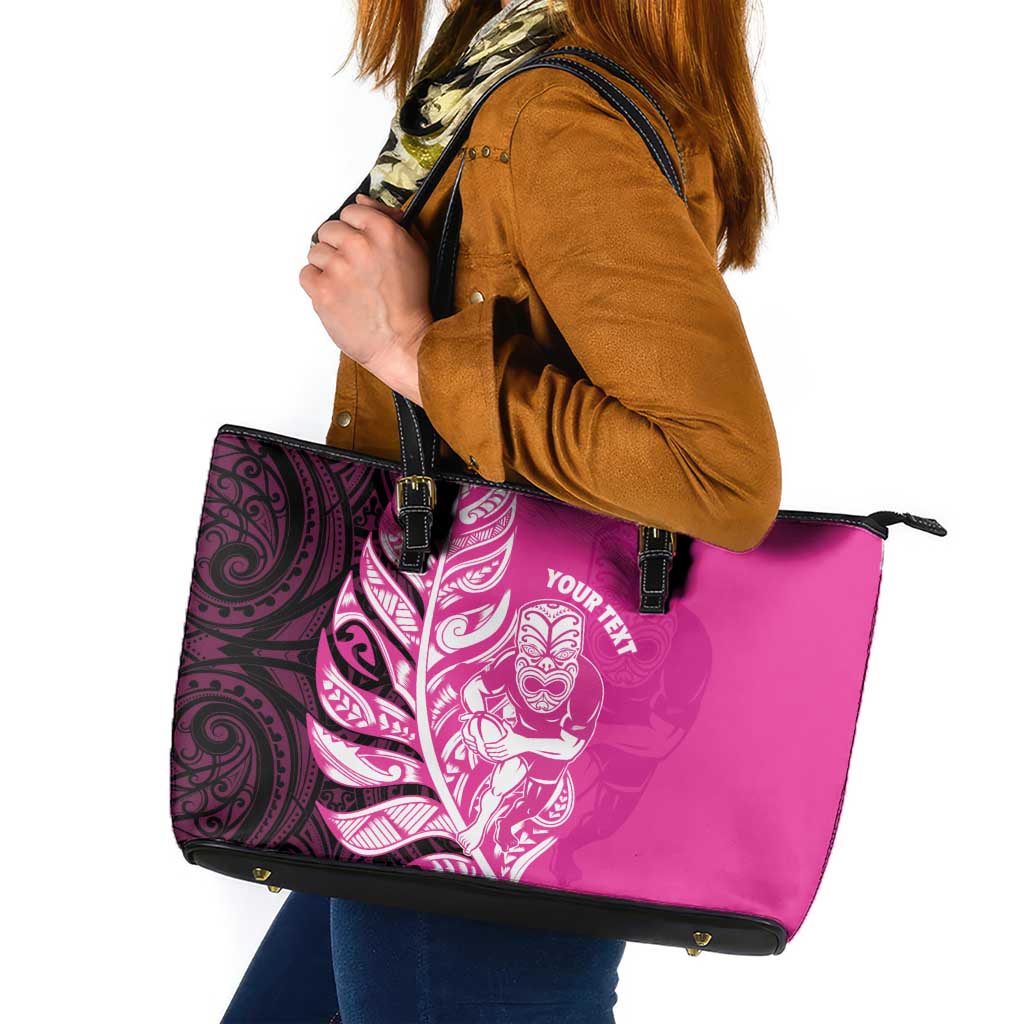 New Zealand Silver Fern Rugby Custom Leather Tote Bag All Black Maori Pattern Pink - Polynesian Pride