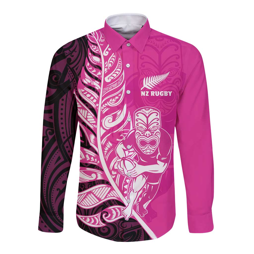 New Zealand Silver Fern Rugby Custom Long Sleeve Button Shirt All Black Maori Pattern Pink - Polynesian Pride
