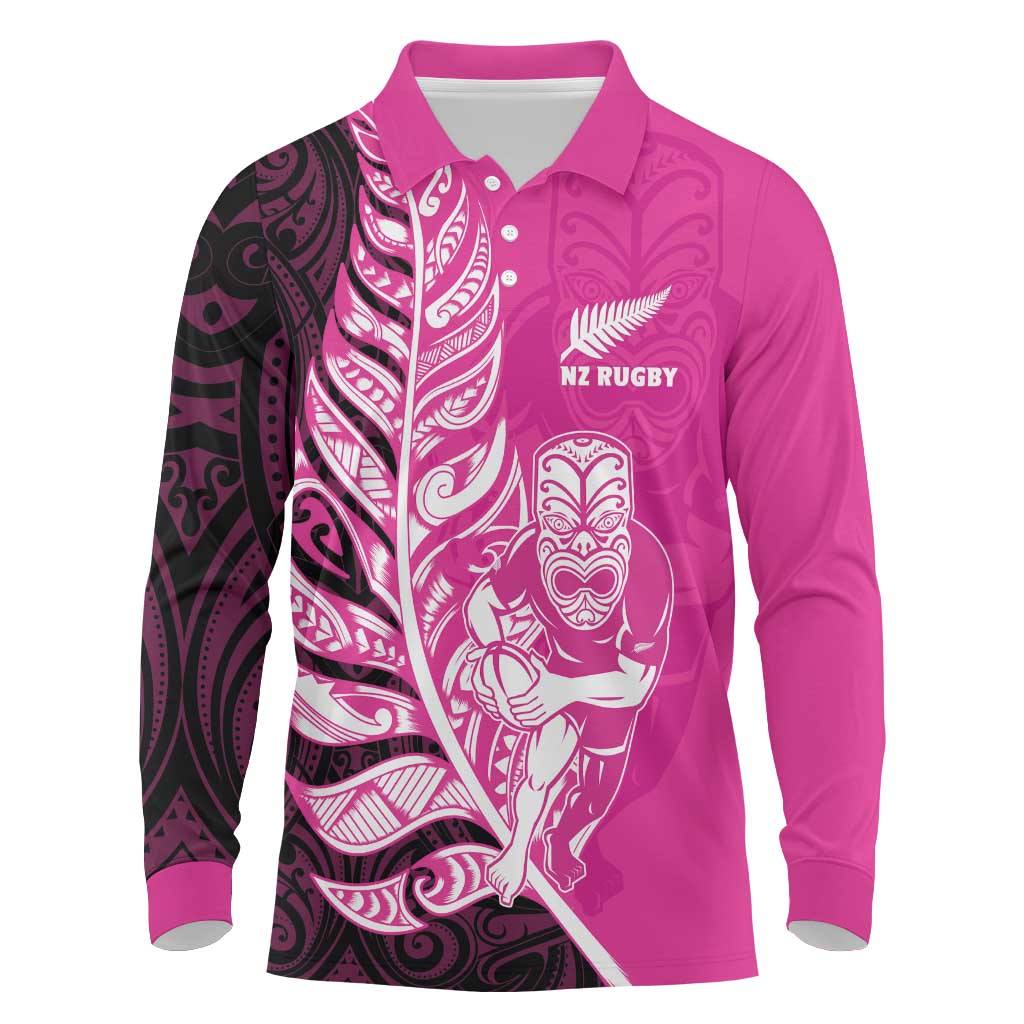 New Zealand Silver Fern Rugby Custom Long Sleeve Polo Shirt All Black Maori Pattern Pink LT14 Pink - Polynesian Pride