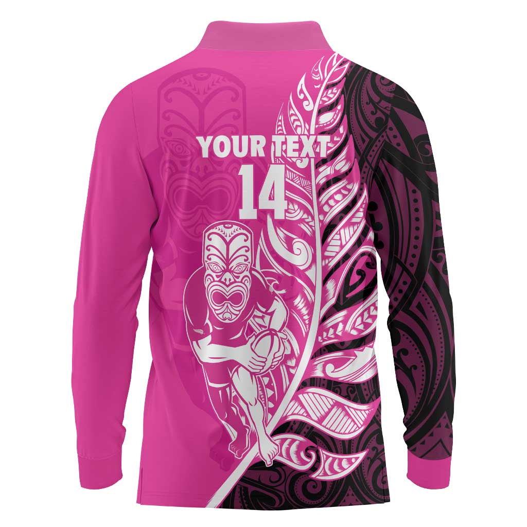 New Zealand Silver Fern Rugby Custom Long Sleeve Polo Shirt All Black Maori Pattern Pink LT14 - Polynesian Pride