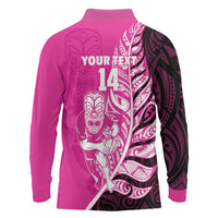 New Zealand Silver Fern Rugby Custom Long Sleeve Polo Shirt All Black Maori Pattern Pink LT14 - Polynesian Pride