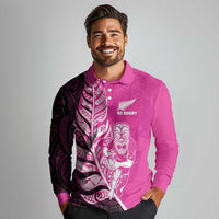 New Zealand Silver Fern Rugby Custom Long Sleeve Polo Shirt All Black Maori Pattern Pink LT14 - Polynesian Pride