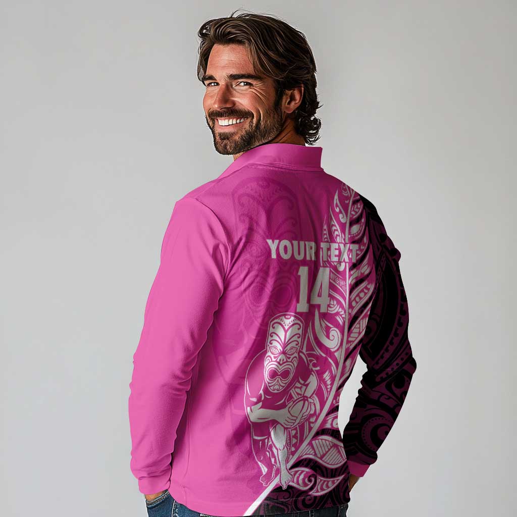 New Zealand Silver Fern Rugby Custom Long Sleeve Polo Shirt All Black Maori Pattern Pink LT14 - Polynesian Pride