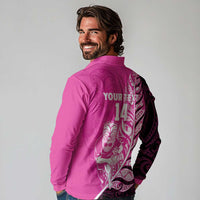 New Zealand Silver Fern Rugby Custom Long Sleeve Polo Shirt All Black Maori Pattern Pink LT14 - Polynesian Pride