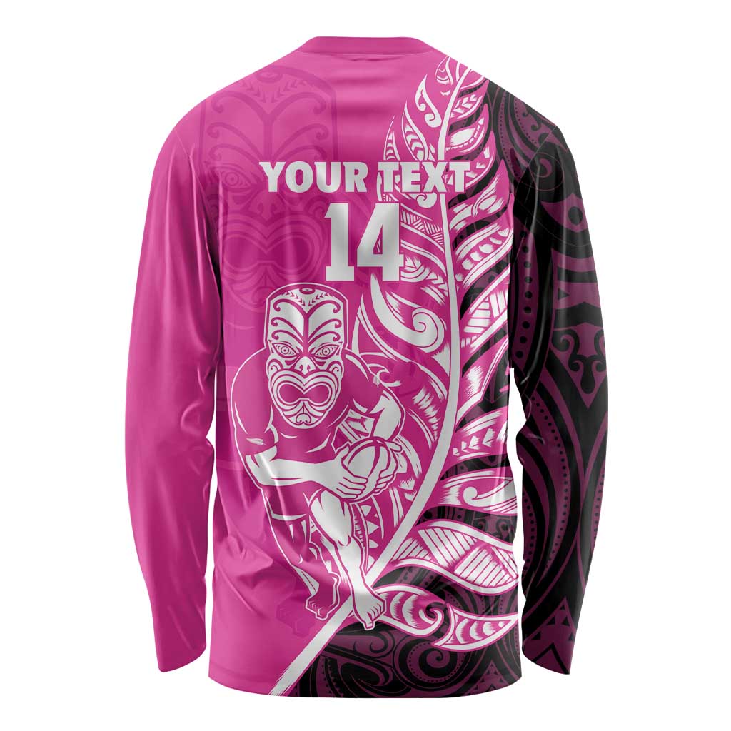 New Zealand Silver Fern Rugby Custom Long Sleeve Shirt All Black Maori Pattern Pink - Polynesian Pride