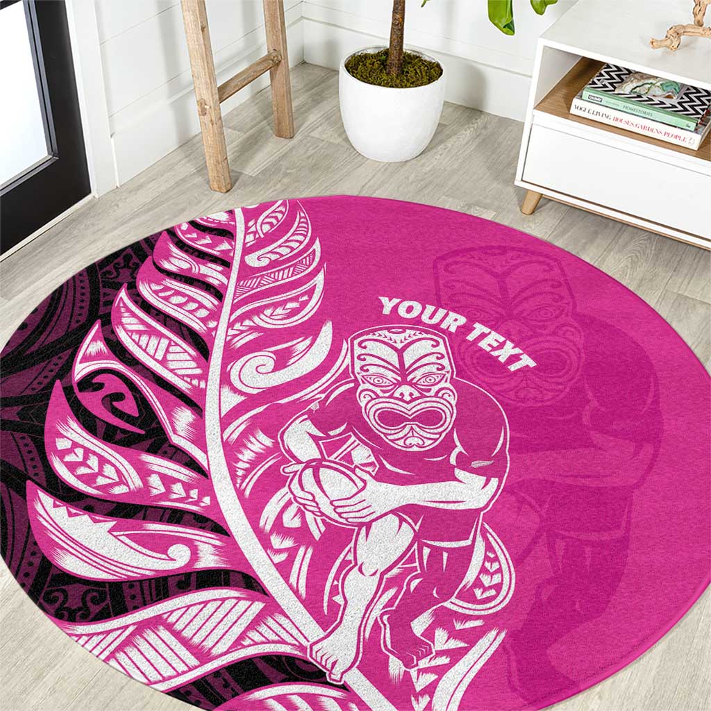 New Zealand Silver Fern Rugby Custom Round Carpet All Black Maori Pattern Pink - Polynesian Pride