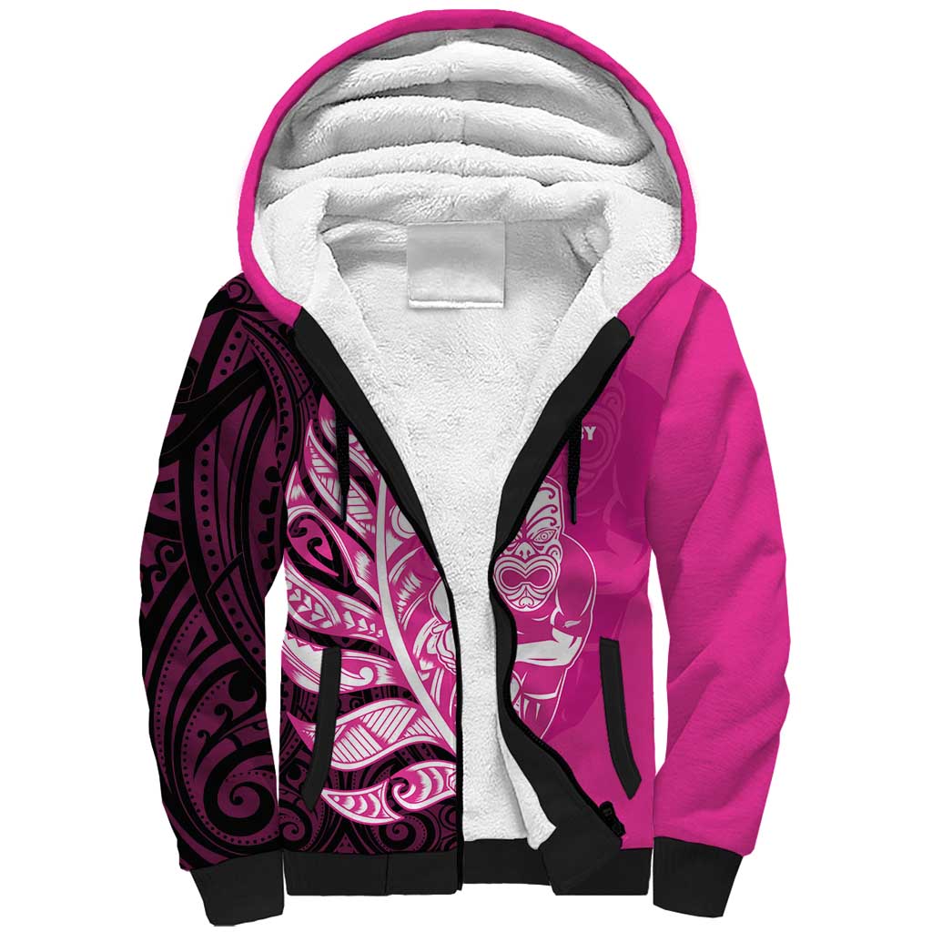 New Zealand Silver Fern Rugby Custom Sherpa Hoodie All Black Maori Pattern Pink - Polynesian Pride