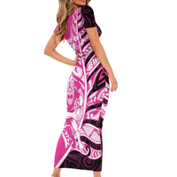 New Zealand Silver Fern Rugby Custom Short Sleeve Bodycon Dress All Black Maori Pattern Pink LT14 - Polynesian Pride