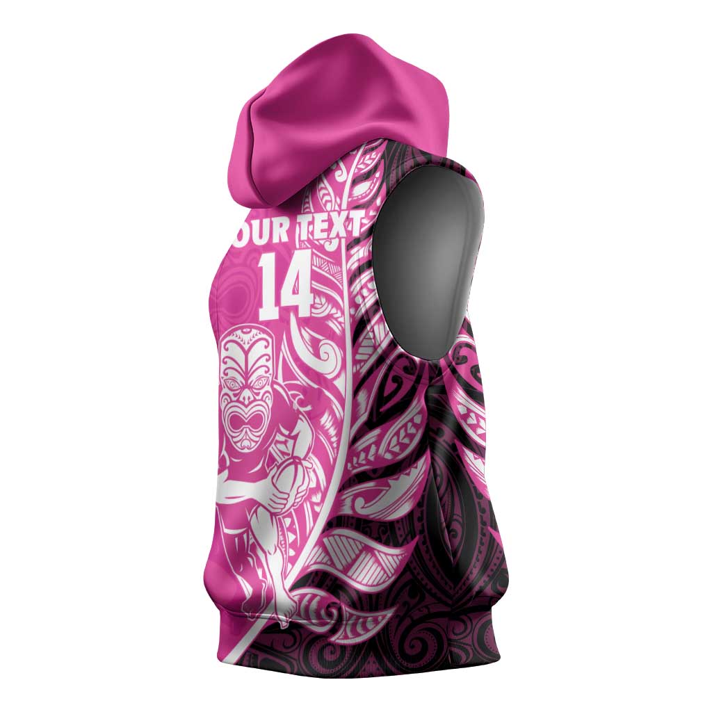 New Zealand Silver Fern Rugby Custom Sleeveless Hoodie All Black Maori Pattern Pink LT14 - Polynesian Pride