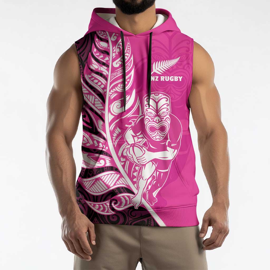 New Zealand Silver Fern Rugby Custom Sleeveless Hoodie All Black Maori Pattern Pink LT14 - Polynesian Pride