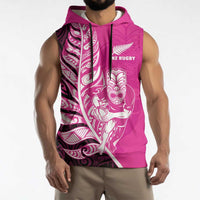 New Zealand Silver Fern Rugby Custom Sleeveless Hoodie All Black Maori Pattern Pink LT14 - Polynesian Pride