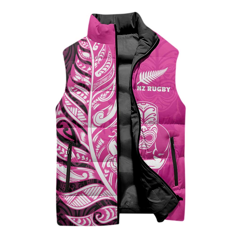 New Zealand Silver Fern Rugby Custom Sleeveless Puffer Jacket All Black Maori Pattern Pink - Polynesian Pride