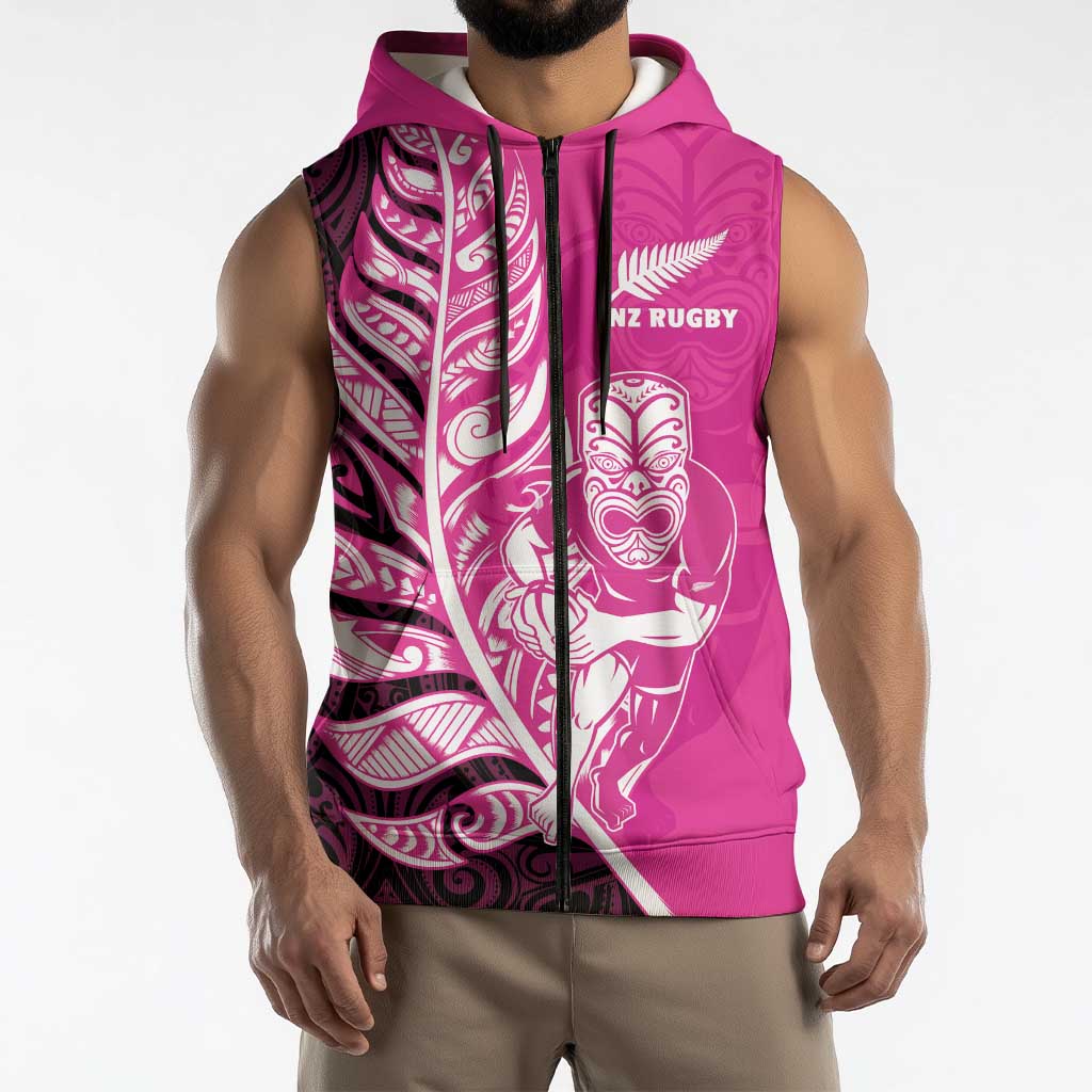 New Zealand Silver Fern Rugby Custom Sleeveless Zip Hoodie All Black Maori Pattern Pink LT14 - Polynesian Pride