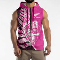 New Zealand Silver Fern Rugby Custom Sleeveless Zip Hoodie All Black Maori Pattern Pink LT14 - Polynesian Pride