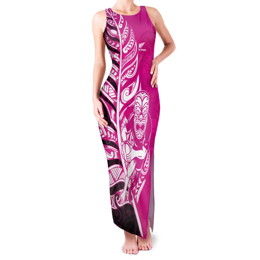 New Zealand Silver Fern Rugby Custom Tank Maxi Dress All Black Maori Pattern Pink LT14 Women Pink - Polynesian Pride