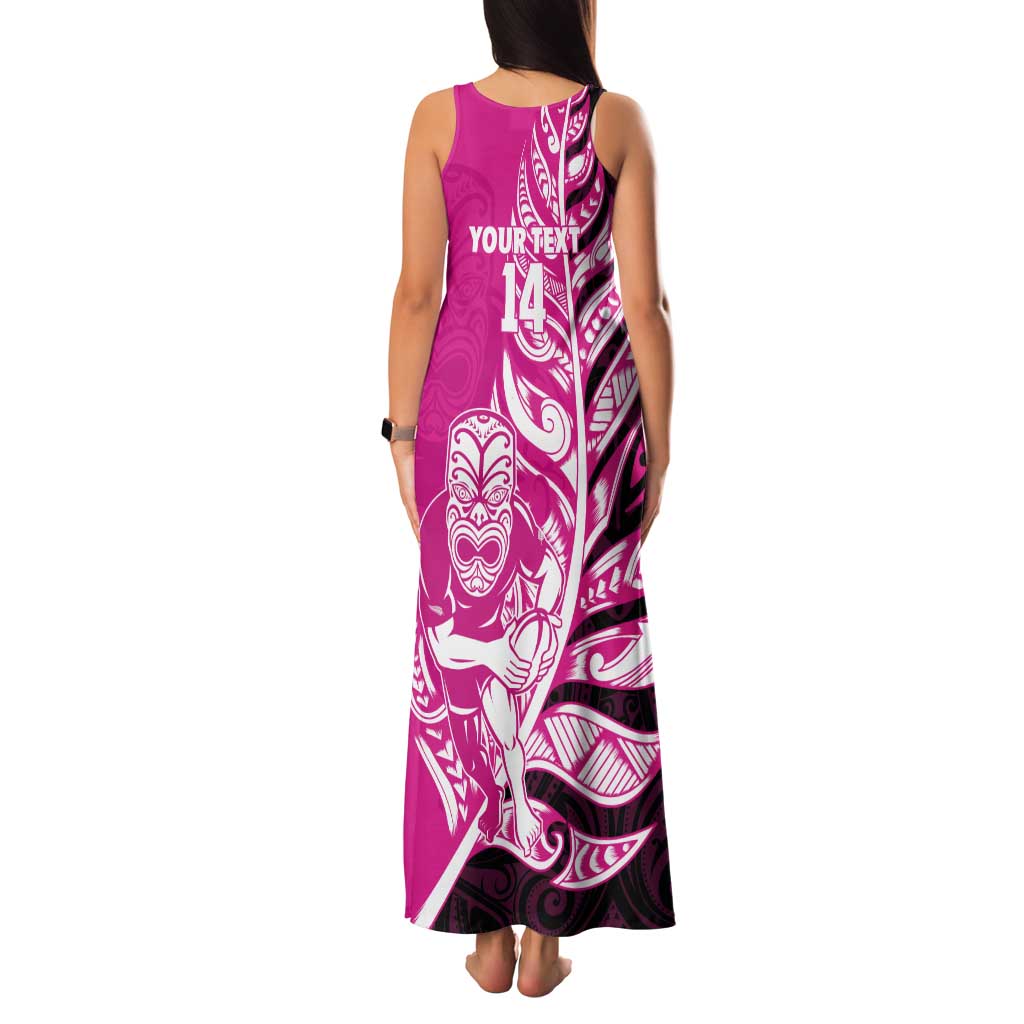 New Zealand Silver Fern Rugby Custom Tank Maxi Dress All Black Maori Pattern Pink LT14 - Polynesian Pride